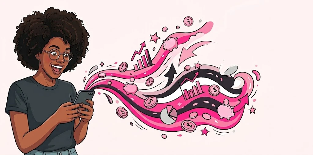 Illustration of a person smiling at their phone as coins, charts and piggy banks swirl out of it