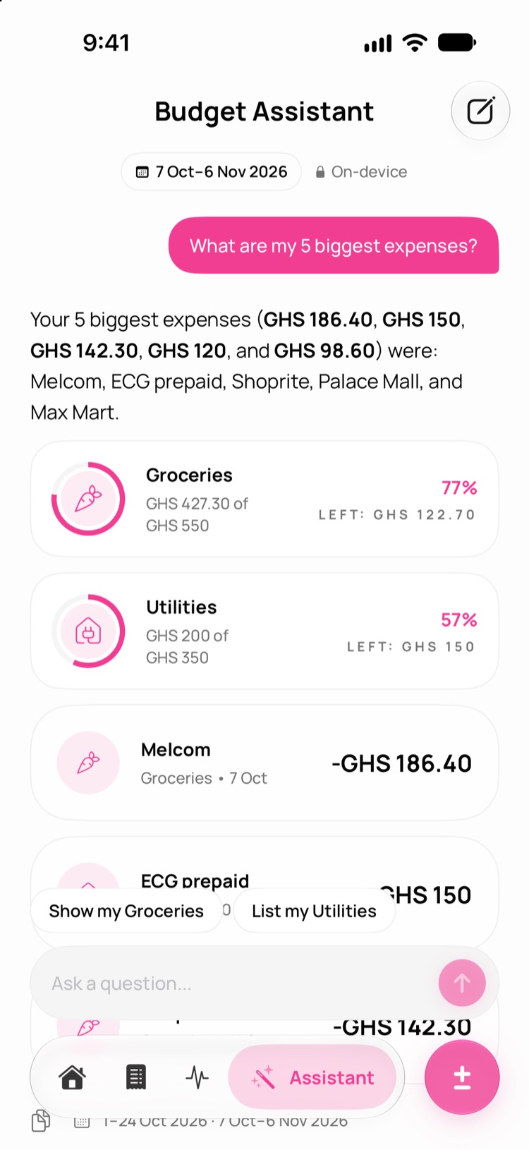 Ask Walpat answering "What are my 5 biggest expenses?" with the amounts, category cards and transactions it used