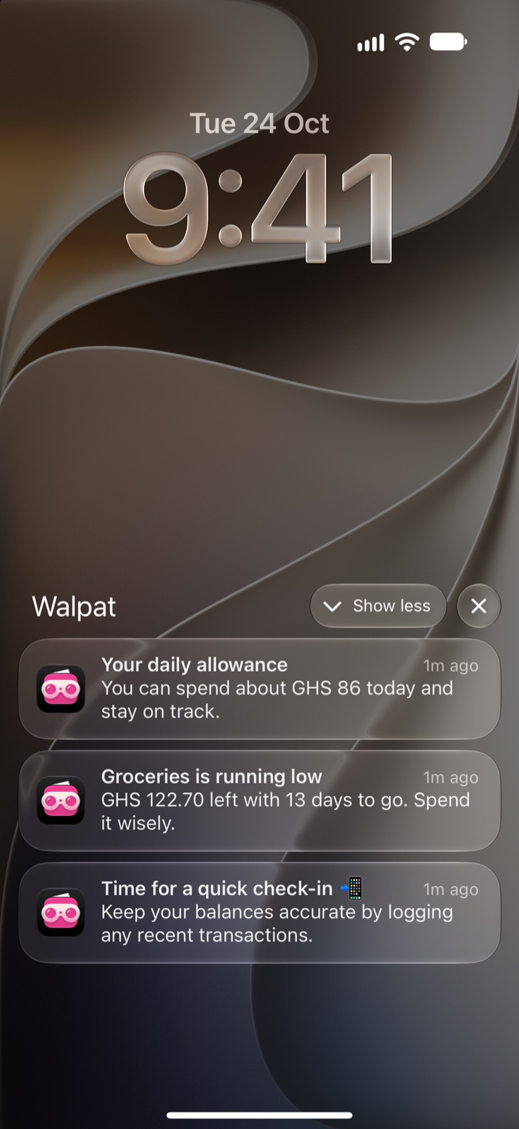 Lock Screen with three Walpat nudges: your daily allowance, Groceries running low, and a quick check-in reminder