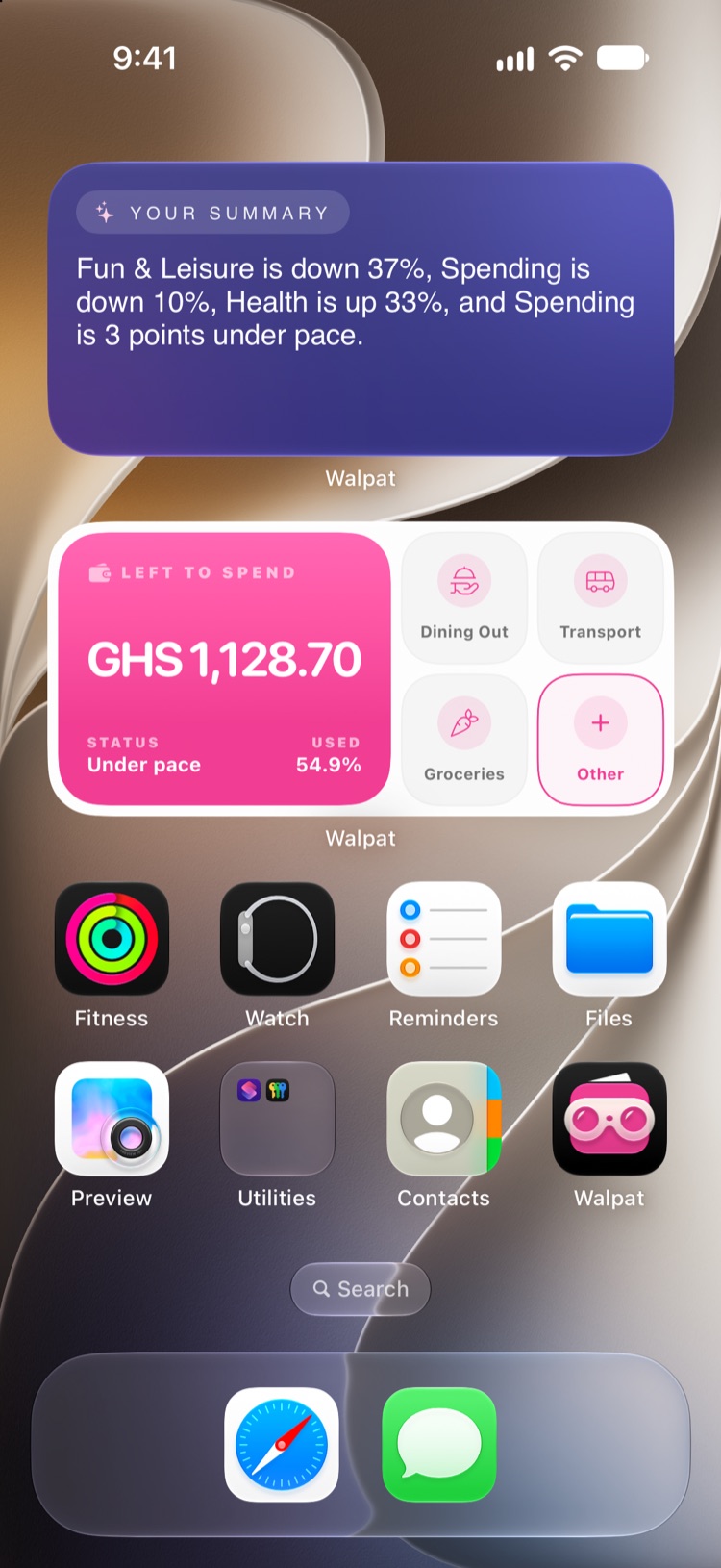 Home Screen with the Your Summary widget and the Quick Overview widget showing GHS 1,128.70 left to spend
